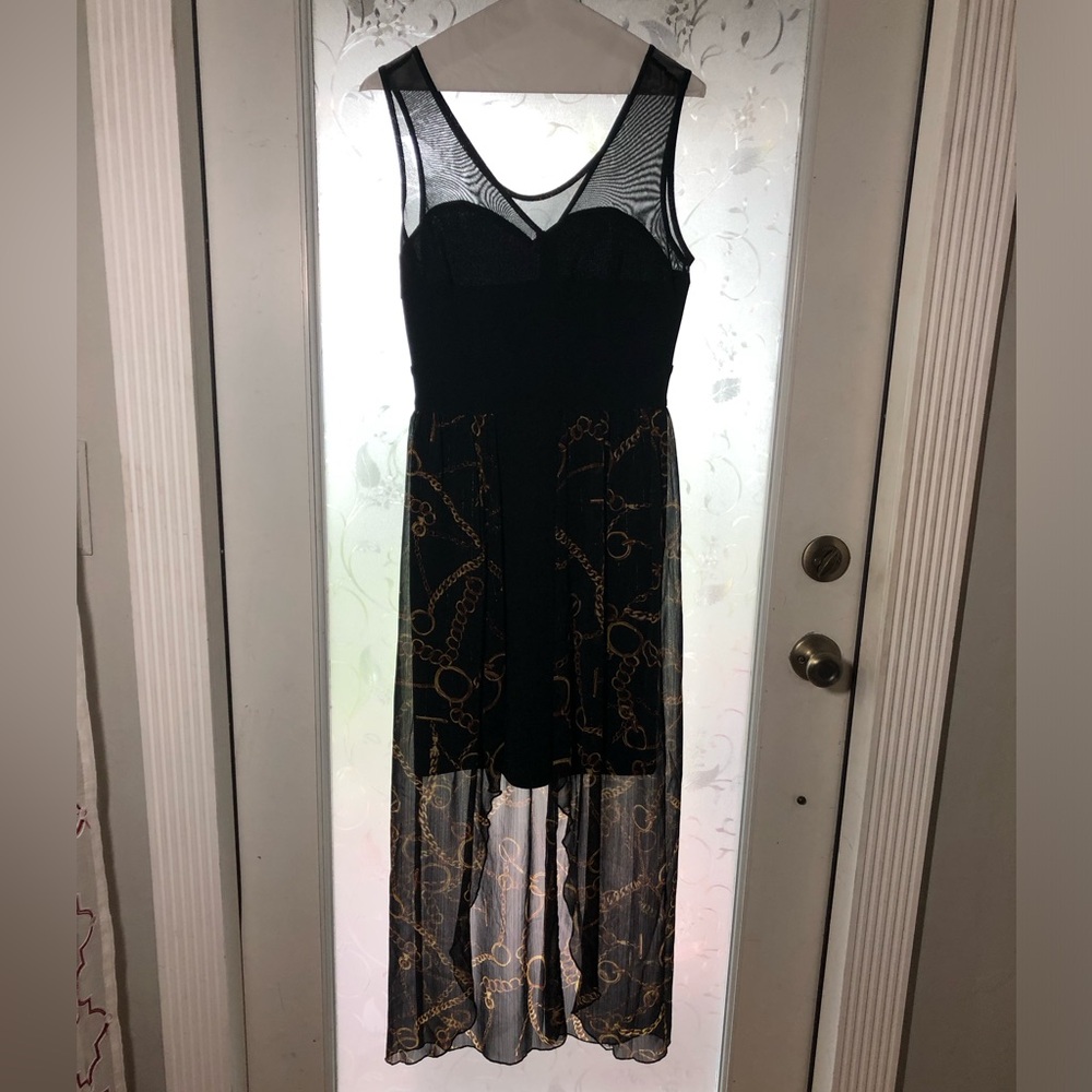 ALEXA B NITES Black Dress w/ Chain Print Skirt Overlay Sleeveless Size 4